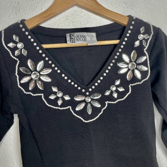 Vintage 80s Glam Rhinestone & Pearl Beaded Bodysuit - Size Medium - Picture 4 of 7